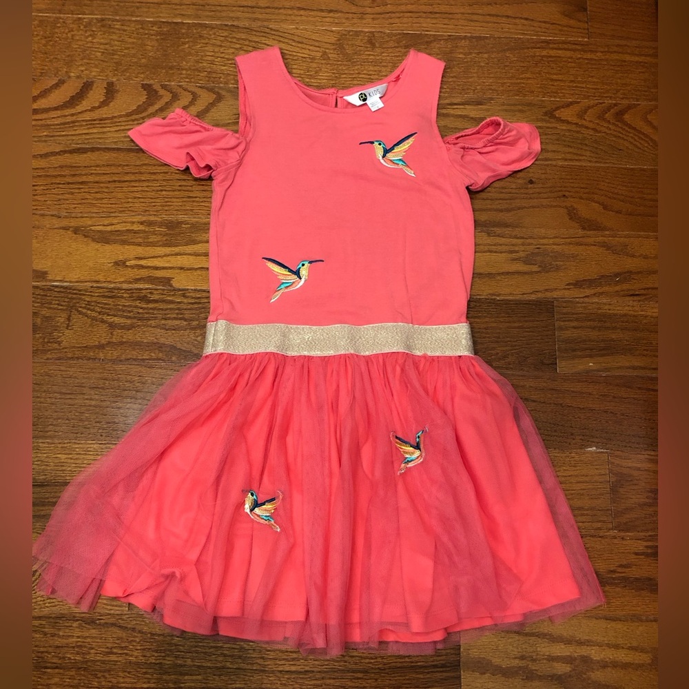 Girls Coral Pink A-Line Kids Sundress with Embroidered Hummingbirds Size: 6
